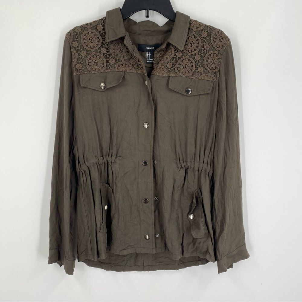 Forever 21 Women’s Button Front Olive Green Lightweight Lace Detail Jacket S